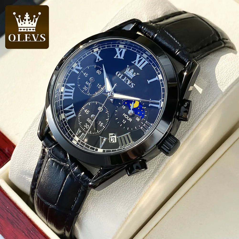 Olevs 2871 Oem logo Luxury Fashion Glass moon Quartz Analog Leather Casual Leather Strap Men Wristwatch Quartz Watch for Man