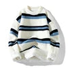 Zeimal Men Autumn Crewneck Loose Fashion Sweater Plus Fleece Thick Knit Color Matching Striped Line Sweater
