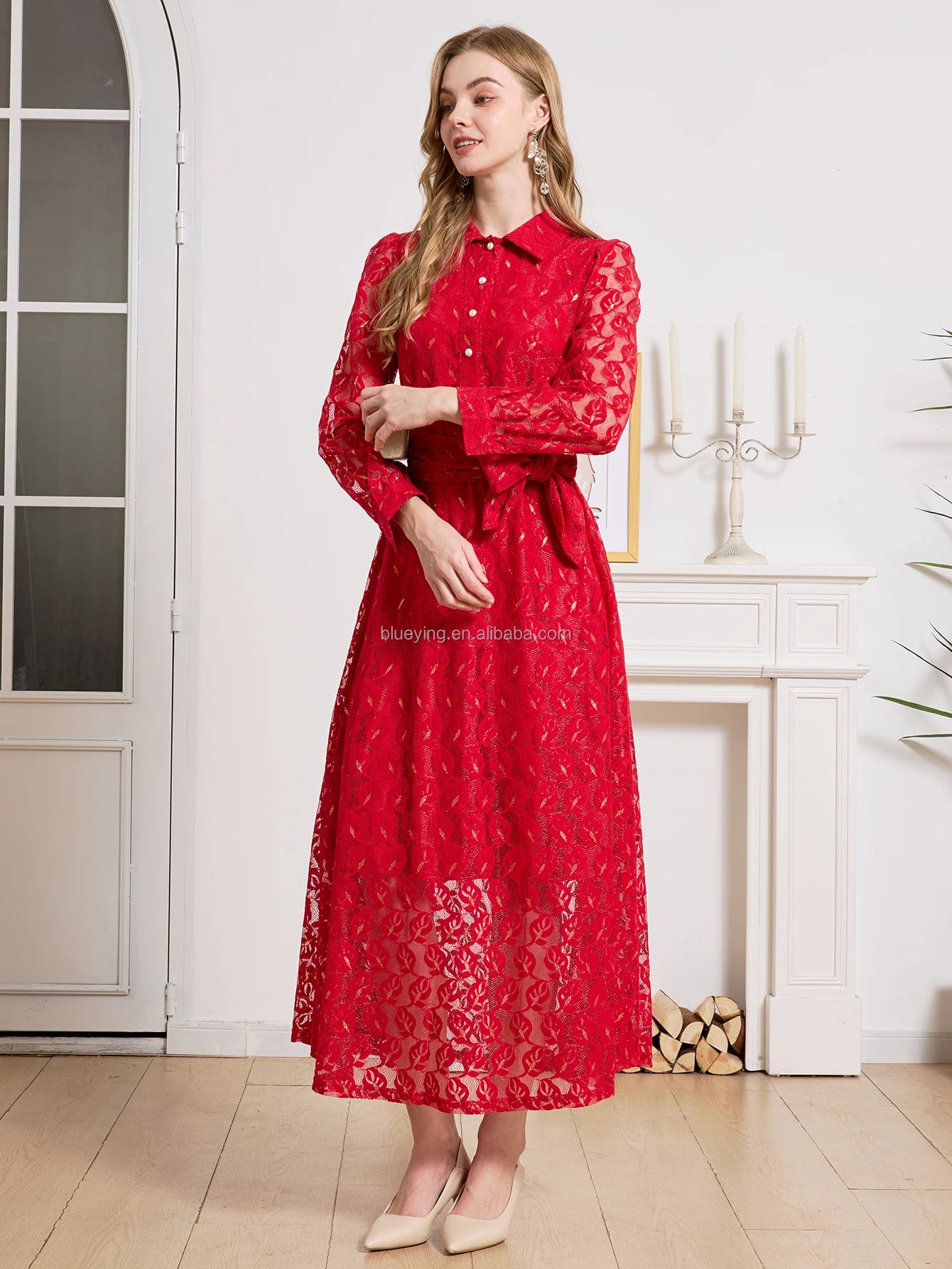 Elegant Women Vintage Party Dress Long Sleeve Turn-down Collar Luxury Casual Style Hollow Lace Vestidos Fashion Casual Clothing