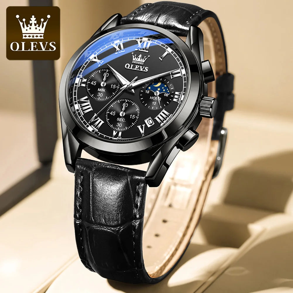 Olevs 2871 Oem logo Luxury Fashion Glass moon Quartz Analog Leather Casual Leather Strap Men Wristwatch Quartz Watch for Man