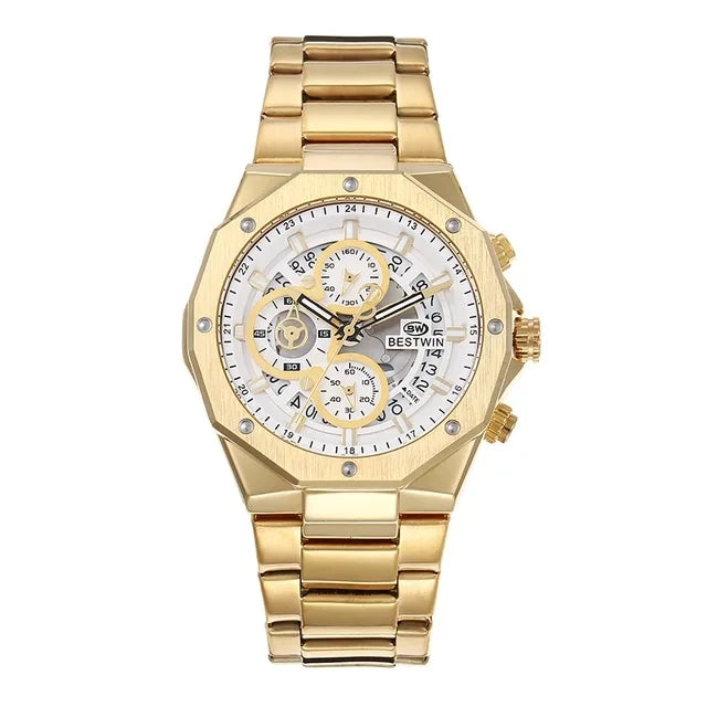 Original BESTWIN Men's Wrist Watches 2026 Top Brand Luxury Stainless Steel Chronograph Gold Men Quartz Watches for Male Clock Dropship