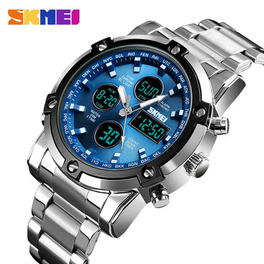 Original SKMEI Digital Quartz Watch Men Three Time Quartz Wrist Mens Watch Countdown Steel Strap Wristwatch Clock Relogio Masculino 1389
