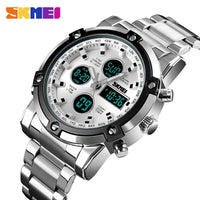 Original SKMEI Digital Quartz Watch Men Three Time Quartz Wrist Mens Watch Countdown Steel Strap Wristwatch Clock Relogio Masculino 1389
