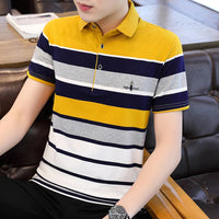 Zeimal Summer New Men's Short Sleeve T-shirt Striped Cotton Thin Business Lapel Polo Shirt