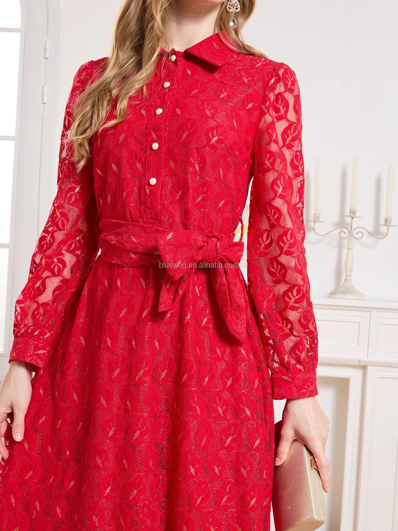 Elegant Women Vintage Party Dress Long Sleeve Turn-down Collar Luxury Casual Style Hollow Lace Vestidos Fashion Casual Clothing