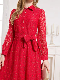 Elegant Women Vintage Party Dress Long Sleeve Turn-down Collar Luxury Casual Style Hollow Lace Vestidos Fashion Casual Clothing
