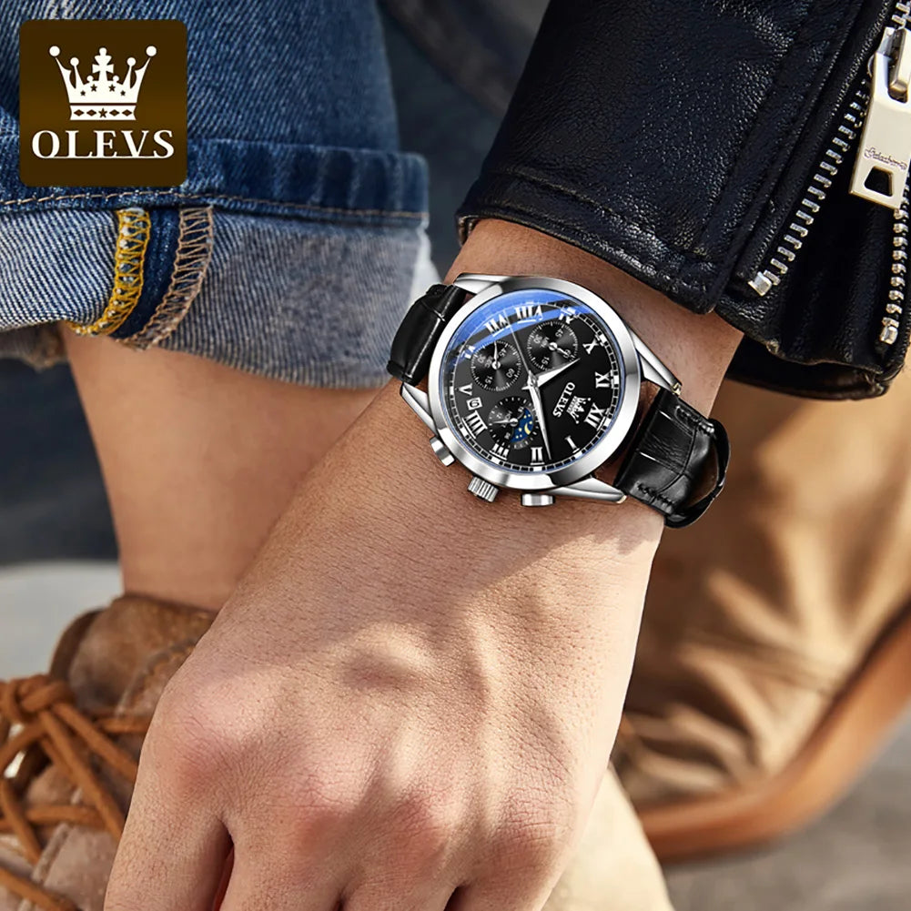Olevs 2871 Oem logo Luxury Fashion Glass moon Quartz Analog Leather Casual Leather Strap Men Wristwatch Quartz Watch for Man