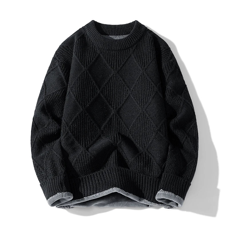 Zeimal Men Lozenge Jacquard Plus Fleece Autumn Winter 2024 New Crewneck Bottom Thickened Warm Sweater