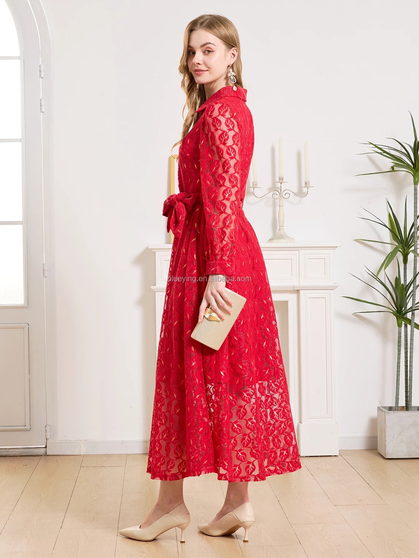 Elegant Women Vintage Party Dress Long Sleeve Turn-down Collar Luxury Casual Style Hollow Lace Vestidos Fashion Casual Clothing