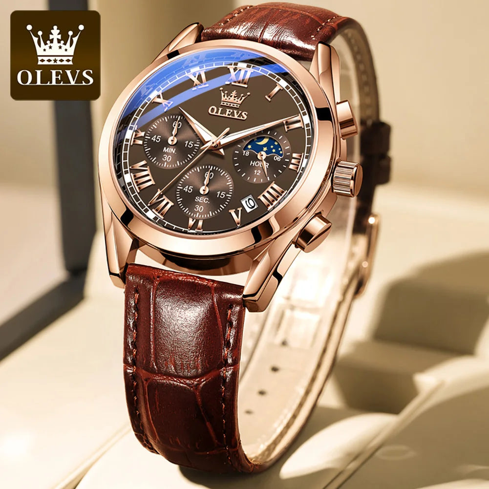 Olevs 2871 Oem logo Luxury Fashion Glass moon Quartz Analog Leather Casual Leather Strap Men Wristwatch Quartz Watch for Man