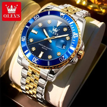 OLEVS 9809 Men's Fashion Business Stainless Steel Green Dial Calendar Display Auto Date Display Watch Charm Quartz Wrist Watches
