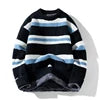 Zeimal Men Autumn Crewneck Loose Fashion Sweater Plus Fleece Thick Knit Color Matching Striped Line Sweater
