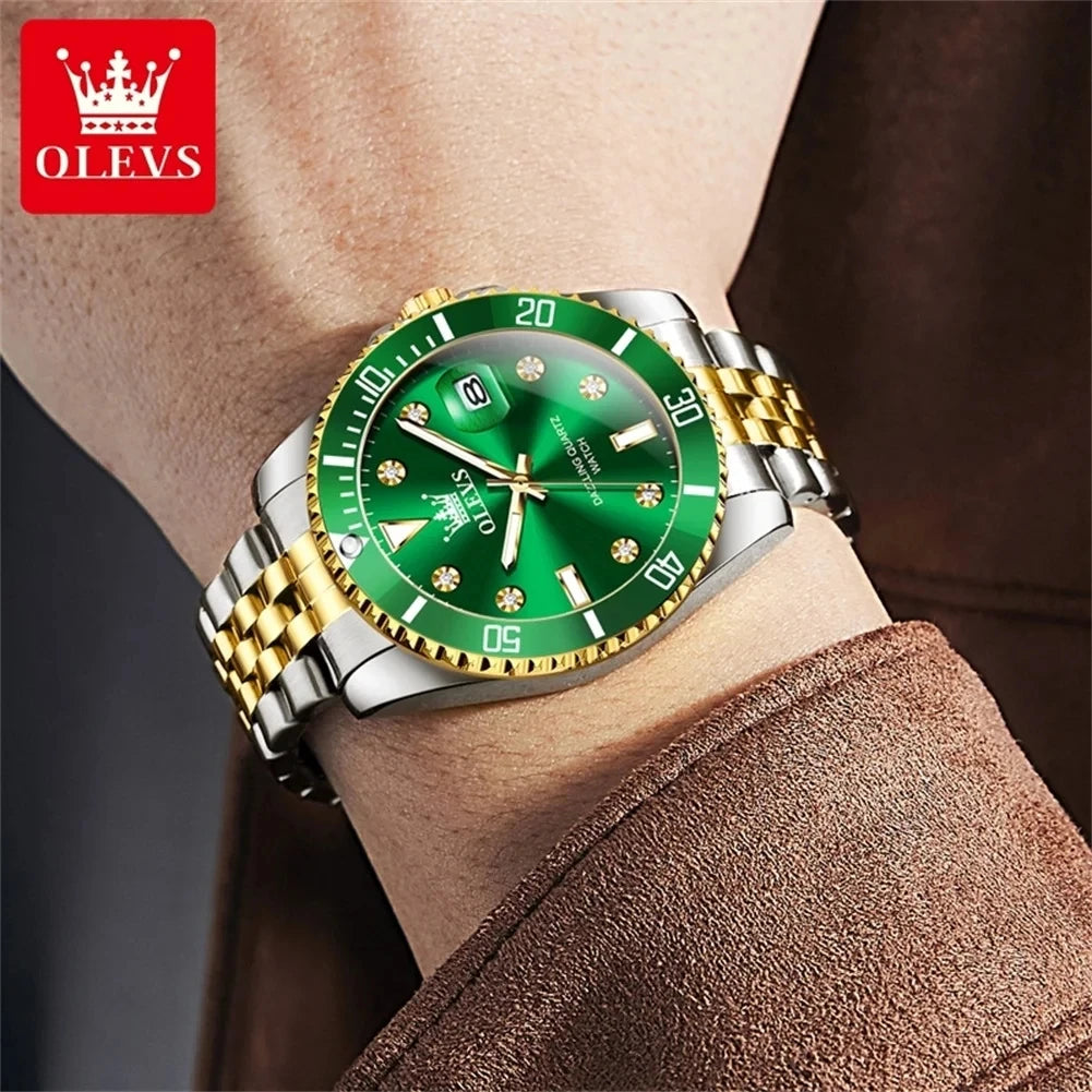 OLEVS 9809 Men's Fashion Business Stainless Steel Green Dial Calendar Display Auto Date Display Watch Charm Quartz Wrist Watches