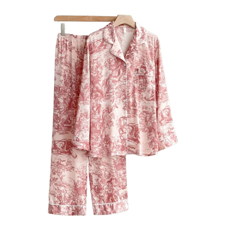 2024 New Design Silk Ladies Pajamas Autumn Elegant Jungle Print Women's Plus Size Sleepwear Long Sleeve Trousers Home Wear Set