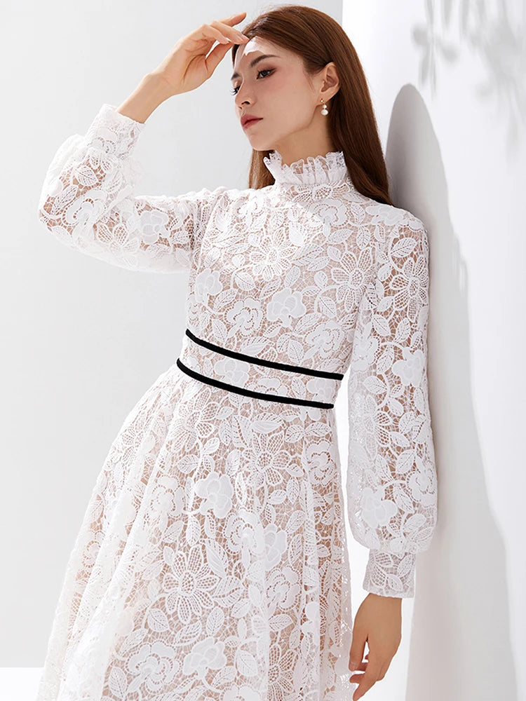 Luxury Women's Elegant White Chiffon Fabric Evening Party Maxi Dress New Long Sleeve Embroidered Vestido with Natural Waistline