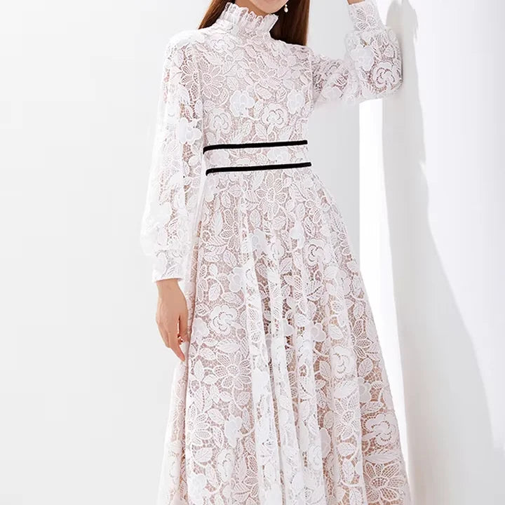 Luxury Women's Elegant White Chiffon Fabric Evening Party Maxi Dress New Long Sleeve Embroidered Vestido with Natural Waistline