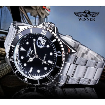 Mechanical Watches Winner Fashion Sport Clock Black Display Luminous Hands Silver Steel Corgeut Men's Automatic Top Brand Luxury