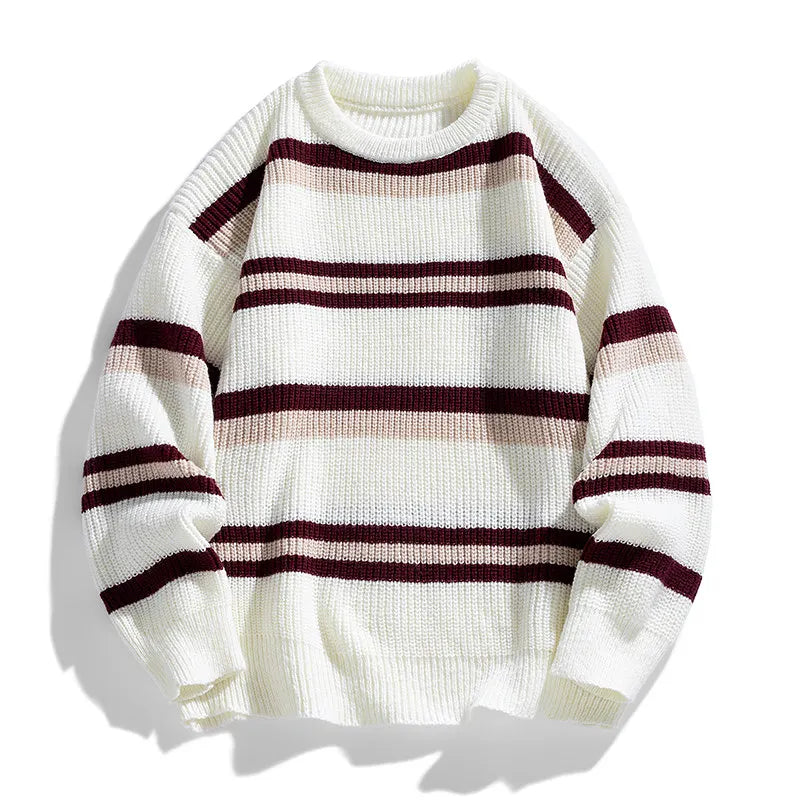 Zeimal Men Autumn Crewneck Loose Fashion Sweater Plus Fleece Thick Knit Color Matching Striped Line Sweater