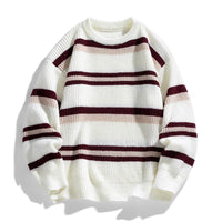 Zeimal Men Autumn Crewneck Loose Fashion Sweater Plus Fleece Thick Knit Color Matching Striped Line Sweater