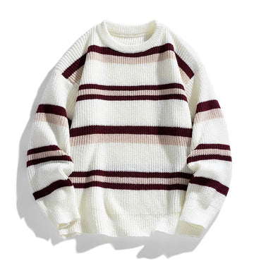 Zeimal Men Autumn Crewneck Loose Fashion Sweater Plus Fleece Thick Knit Color Matching Striped Line Sweater