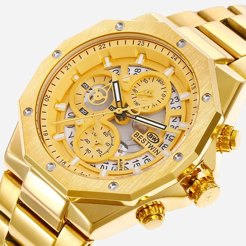 Original BESTWIN Men's Wrist Watches 2026 Top Brand Luxury Stainless Steel Chronograph Gold Men Quartz Watches for Male Clock Dropship