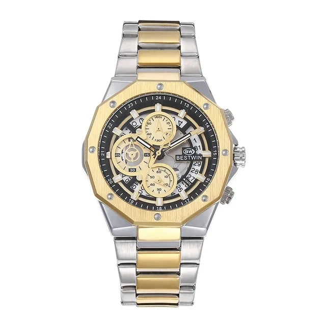 Original BESTWIN Men's Wrist Watches 2026 Top Brand Luxury Stainless Steel Chronograph Gold Men Quartz Watches for Male Clock Dropship