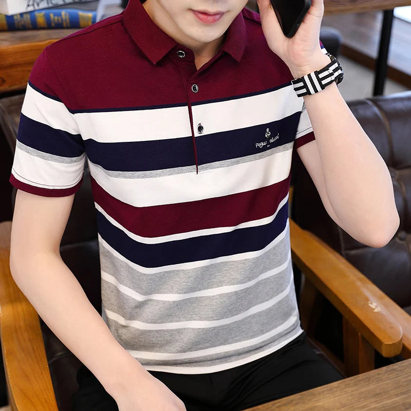 Zeimal Summer New Men's Short Sleeve T-shirt Striped Cotton Thin Business Lapel Polo Shirt