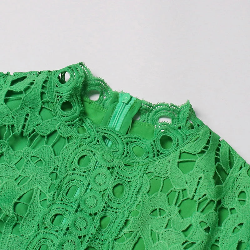 TWOTWINSTYLE Elegant Summer Women Dress Stand Collar Long Sleeve High Waist A-Line Pleated Hollow Out Floor Length Solid