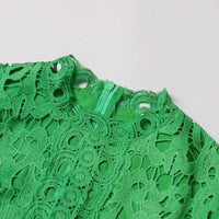 TWOTWINSTYLE Elegant Summer Women Dress Stand Collar Long Sleeve High Waist A-Line Pleated Hollow Out Floor Length Solid