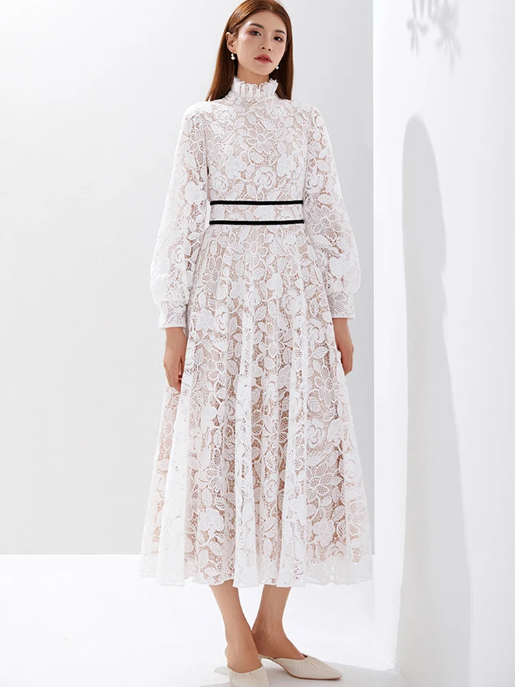 Luxury Women's Elegant White Chiffon Fabric Evening Party Maxi Dress New Long Sleeve Embroidered Vestido with Natural Waistline