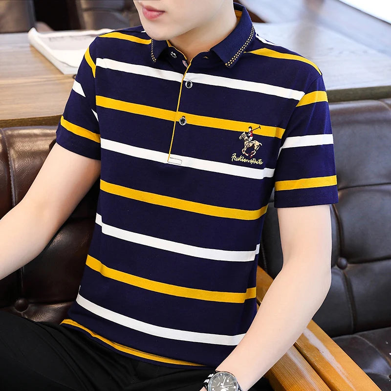Zeimal Summer New Men's Short Sleeve T-shirt Striped Cotton Thin Business Lapel Polo Shirt