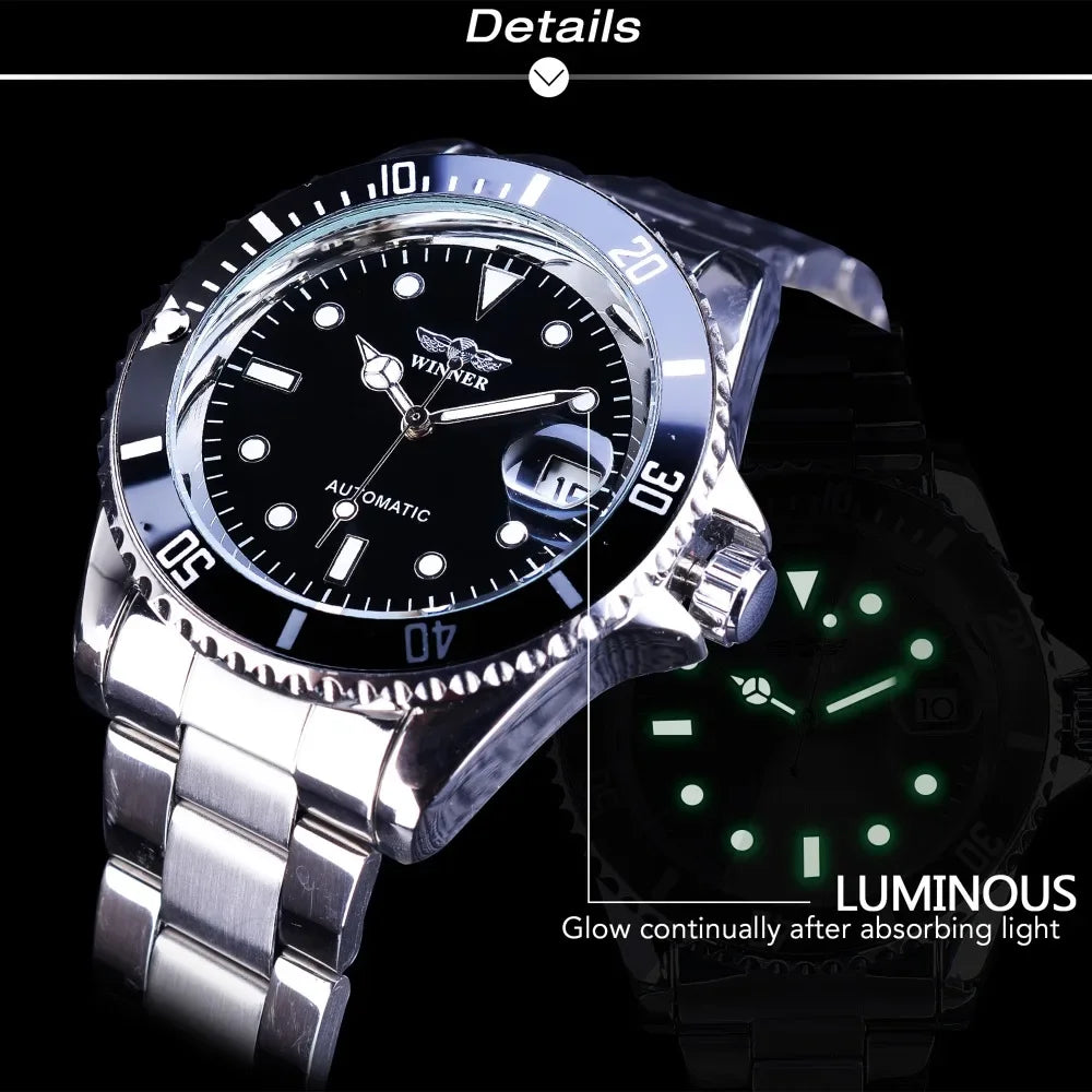 Mechanical Watches Winner Fashion Sport Clock Black Display Luminous Hands Silver Steel Corgeut Men's Automatic Top Brand Luxury