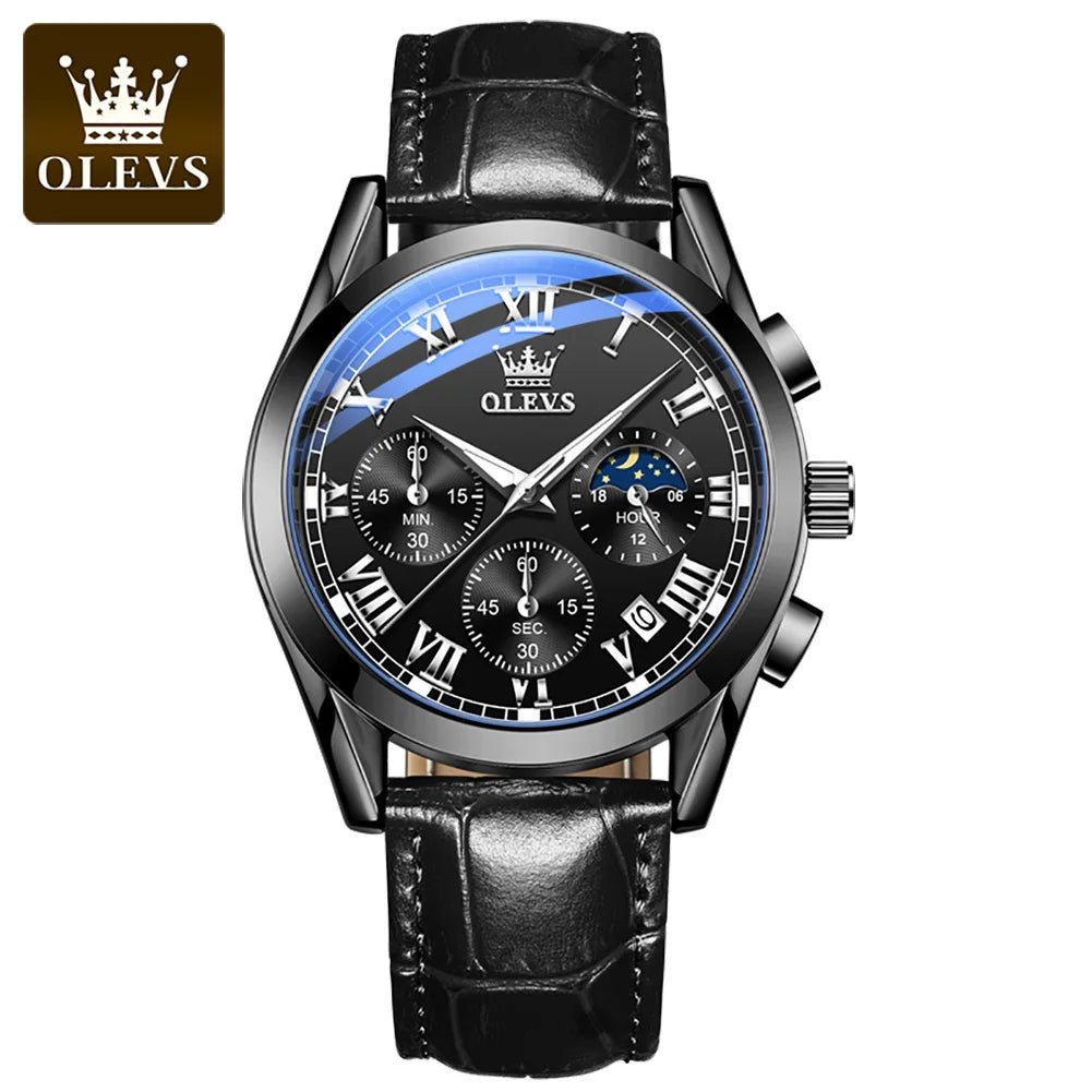 Olevs 2871 Oem logo Luxury Fashion Glass moon Quartz Analog Leather Casual Leather Strap Men Wristwatch Quartz Watch for Man