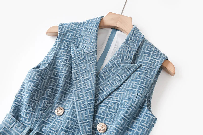 Summer Vintage Style Geometric Pattern Lady Notched Sleeveless Cloth Women Slim Office Double-breasted Blazer Dress With Belt