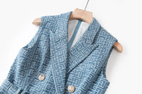 Summer Vintage Style Geometric Pattern Lady Notched Sleeveless Cloth Women Slim Office Double-breasted Blazer Dress With Belt