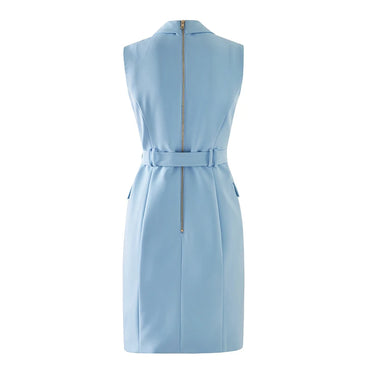 2022 Sleeveless Quality Sky Blue Summer Tank Office Career Straight Slim Women Dress With Belt Top Quality