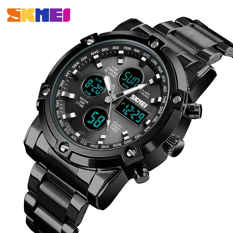 Original SKMEI Digital Quartz Watch Men Three Time Quartz Wrist Mens Watch Countdown Steel Strap Wristwatch Clock Relogio Masculino 1389