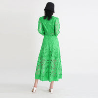 TWOTWINSTYLE Elegant Summer Women Dress Stand Collar Long Sleeve High Waist A-Line Pleated Hollow Out Floor Length Solid