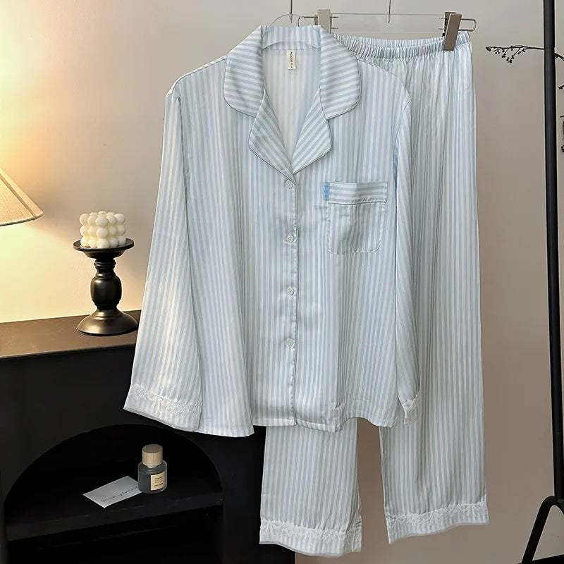 2025 New Breathable Satin Pajamas Women's Striped Long-Sleeved Cardigan Casual Pants Autumn Home Clothes Front for Summer