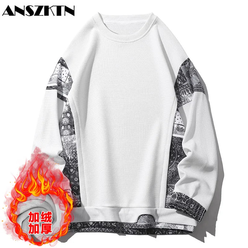 Zeimal Men Spring Winter Velvet Patchwork Plush Thick Sweatshirt Sweater Long Sleeve Hoodie T Shirt Pullover