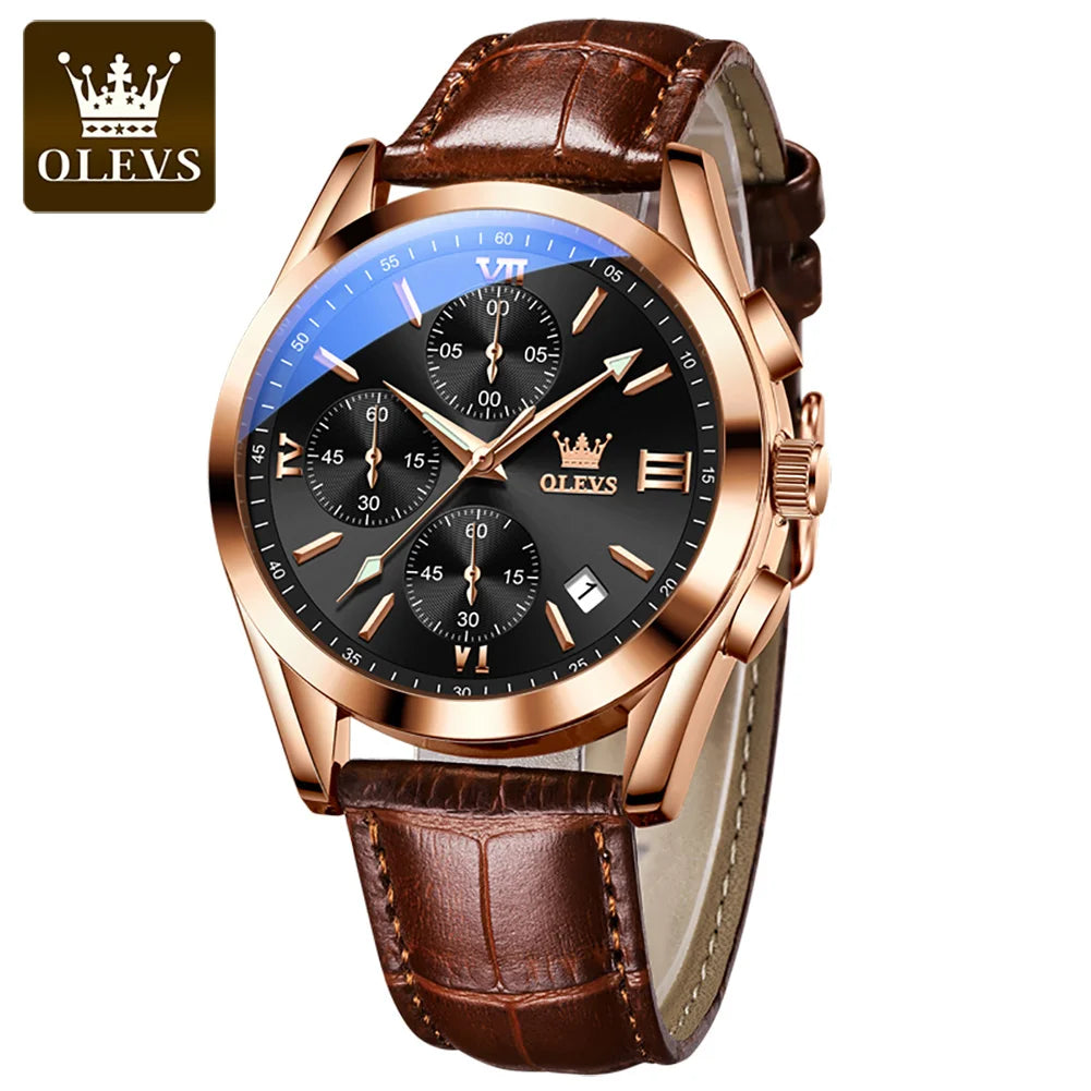 Olevs 2872 Luxury Three-Eye Belt Quartz Watch Stainless Steel Back Custom Wholesale China Men Watch Genuine Leather Strap Watch