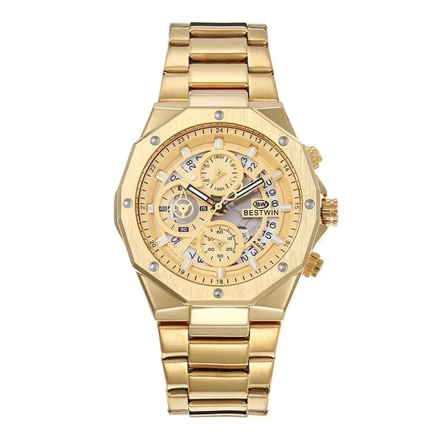 Original BESTWIN Men's Wrist Watches 2026 Top Brand Luxury Stainless Steel Chronograph Gold Men Quartz Watches for Male Clock Dropship
