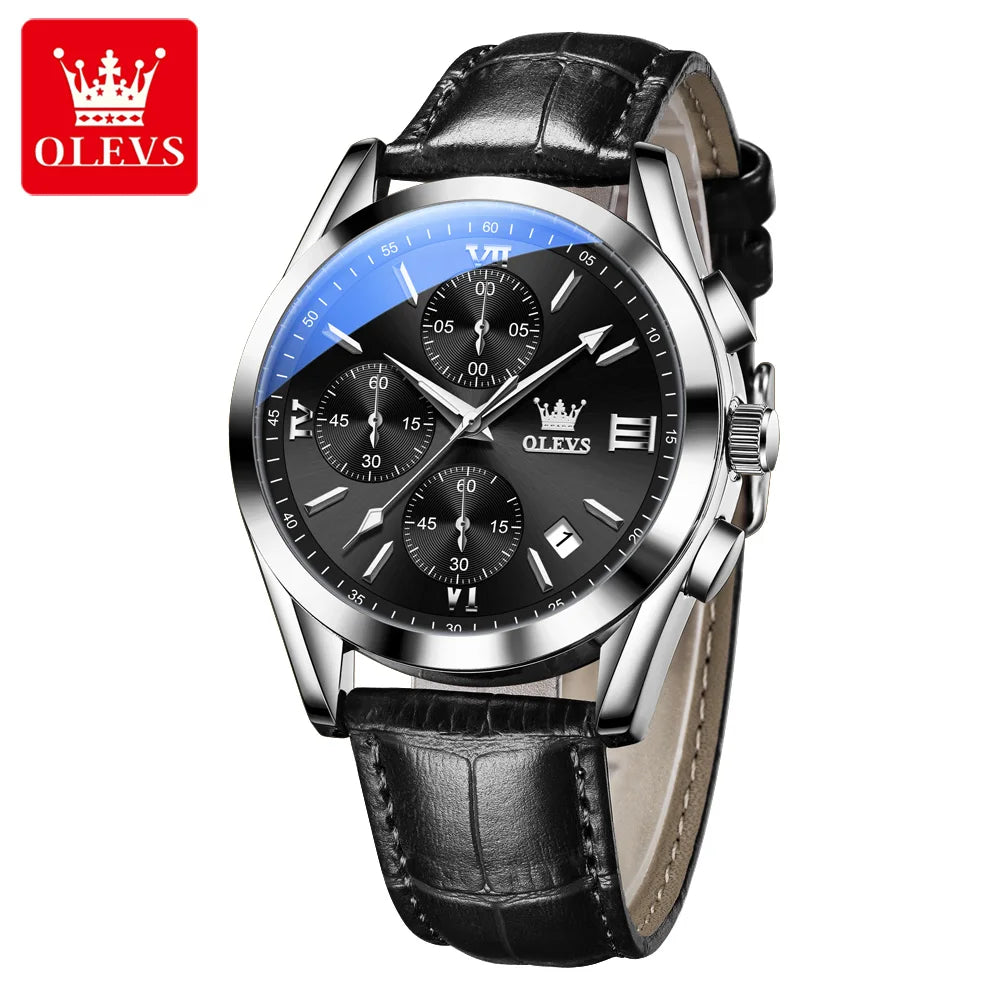 Olevs 2872 Luxury Three-Eye Belt Quartz Watch Stainless Steel Back Custom Wholesale China Men Watch Genuine Leather Strap Watch
