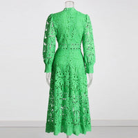 TWOTWINSTYLE Elegant Summer Women Dress Stand Collar Long Sleeve High Waist A-Line Pleated Hollow Out Floor Length Solid