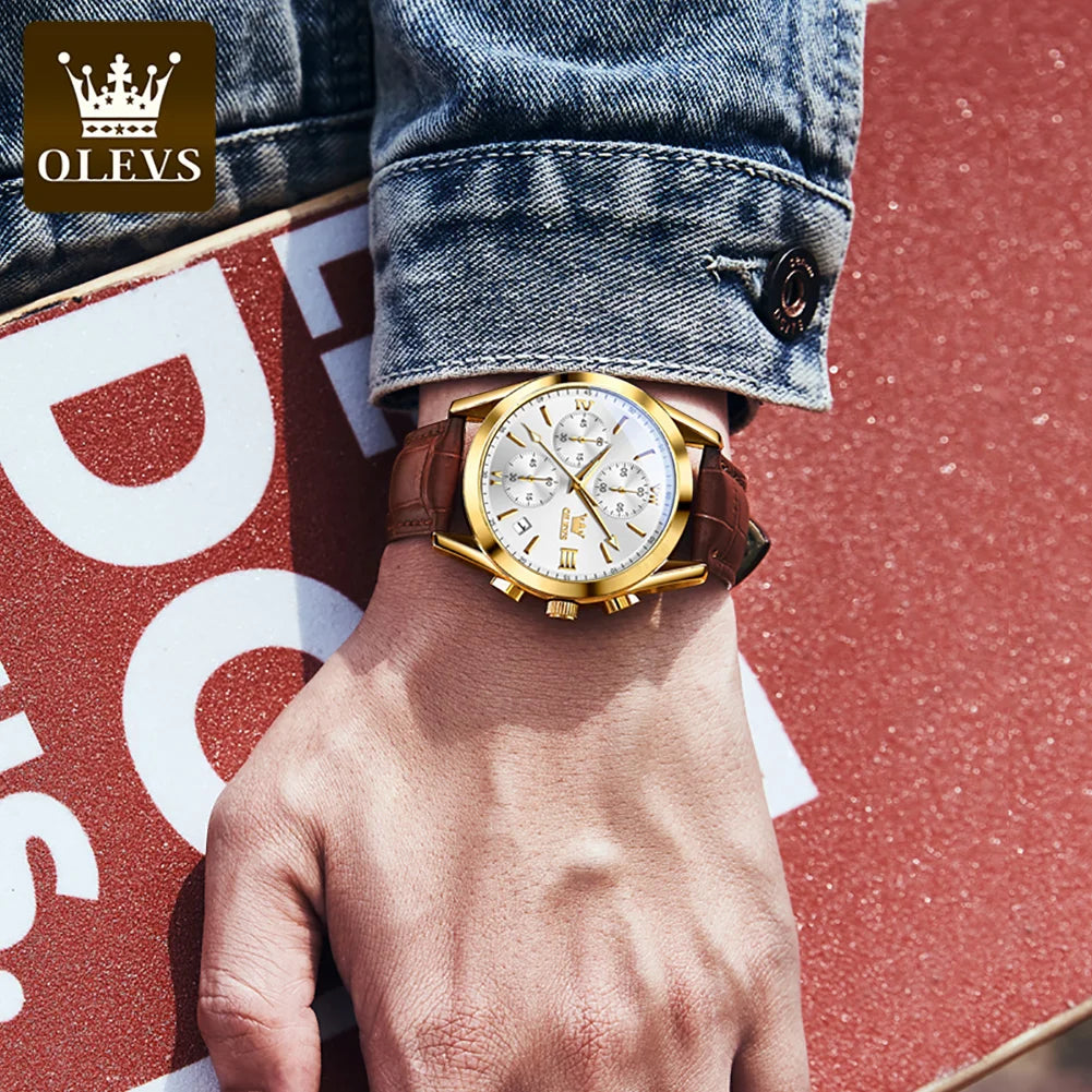 Olevs 2872 Luxury Three-Eye Belt Quartz Watch Stainless Steel Back Custom Wholesale China Men Watch Genuine Leather Strap Watch