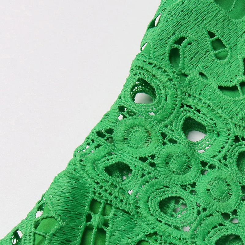 TWOTWINSTYLE Elegant Summer Women Dress Stand Collar Long Sleeve High Waist A-Line Pleated Hollow Out Floor Length Solid