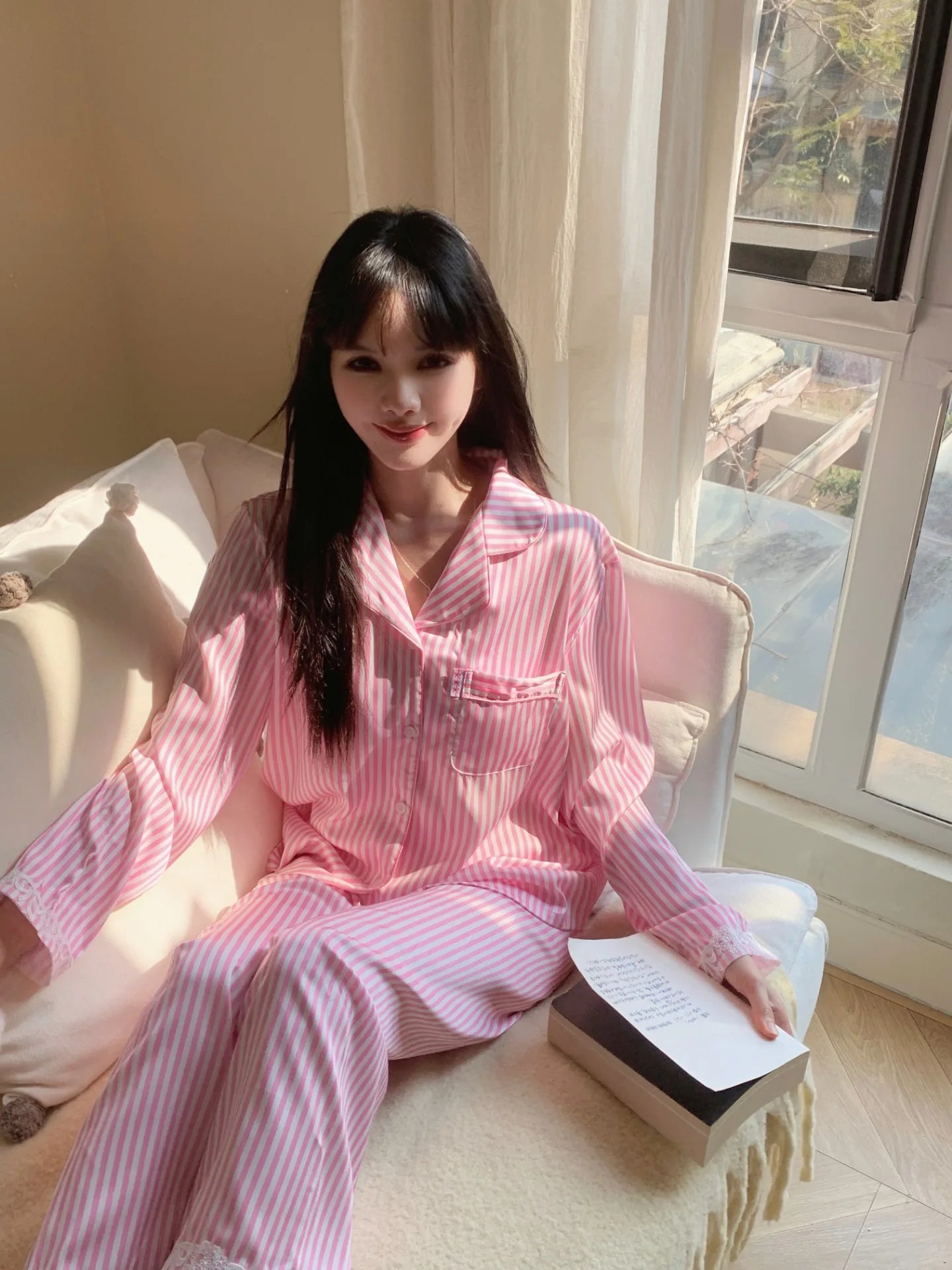 2025 New Breathable Satin Pajamas Women's Striped Long-Sleeved Cardigan Casual Pants Autumn Home Clothes Front for Summer