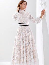 Luxury Women's Elegant White Chiffon Fabric Evening Party Maxi Dress New Long Sleeve Embroidered Vestido with Natural Waistline