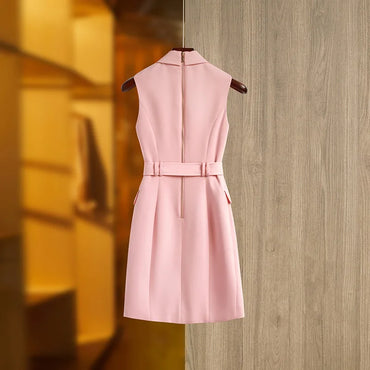 Lady Elegant Style Sleeveless Office Wear Notched Double-breasted Straight Cutting Women Solid Blazer Dress With Belt