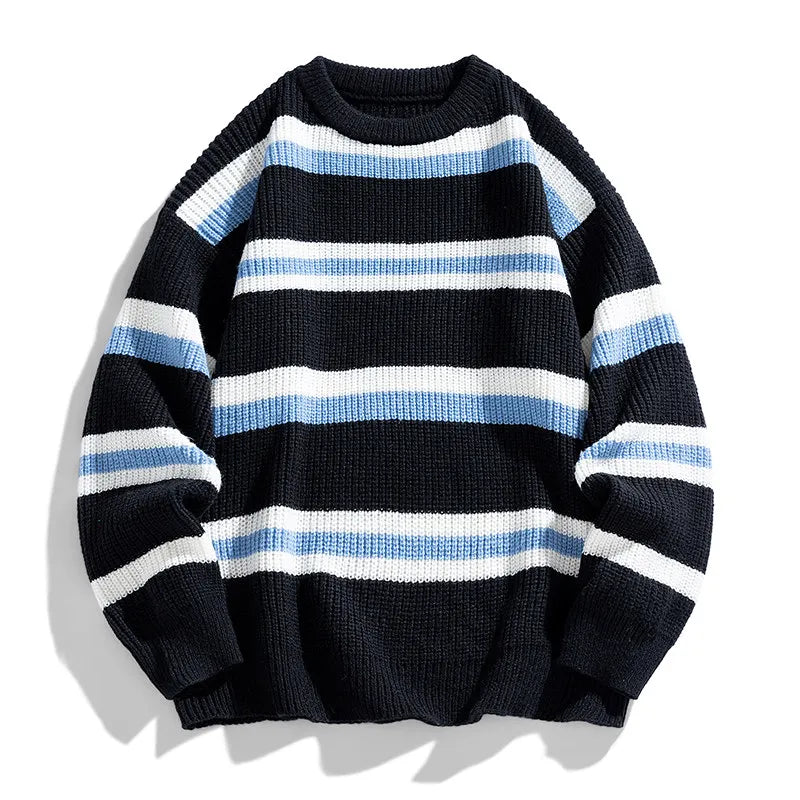 Zeimal Men Autumn Crewneck Loose Fashion Sweater Plus Fleece Thick Knit Color Matching Striped Line Sweater